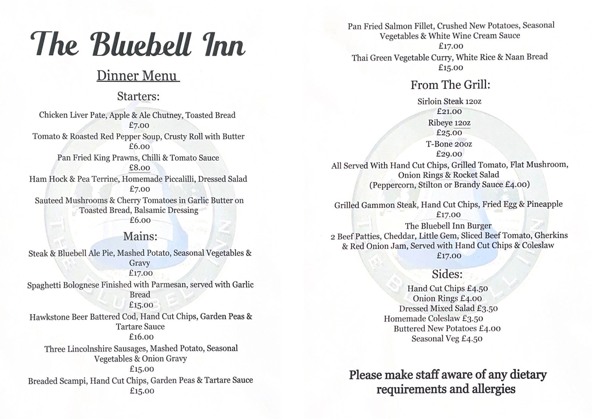 Menu - Mains & Starters